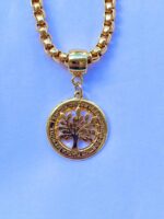 COLAR MALHA PIPOCA COM PINGENTE ARVORE DA VIDA - BANHO EM OURO AMARELO