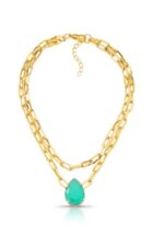 COLAR 2 VOLTAS E UMA GOTA NA COR ESMERALDA - BANHO EM OURO AMARELO